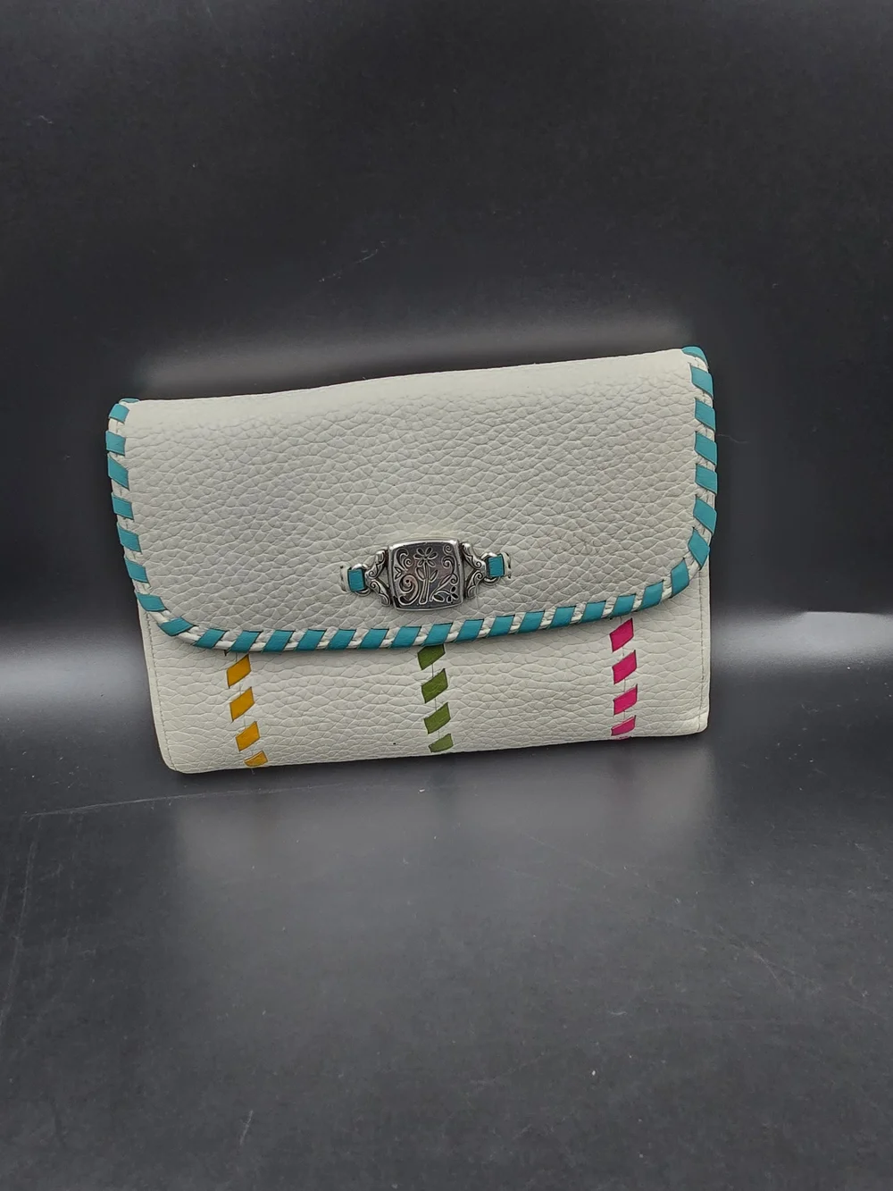 Brighton White Leather Wallet with Turquoise Trim and Multicolor Stitching